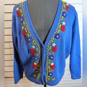 CW Clifford & Wills VTG Cotton Blue Beaded Colorful Flowers Cardigan Sweater M